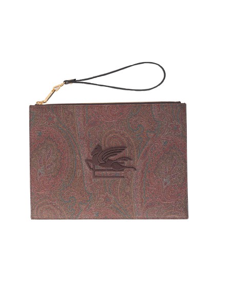 Shop ETRO  Pochette: Etro pouch maxi paisley.
Tessuto di cotone Paisley jacquard spalmato con grana opaca e doppiato in tela.
Chiusura con cerniera.
Tasca interna applicata.
Laccio da polso removibile.
32 x 24 cm. 
Composizione: Finiture: 100% pelle di vitello // Interno: 100% poliestere.
Made in Italy.. WP2C0010 AA001-M0019